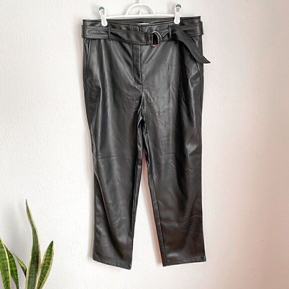 ANN TAYLOR LOFT BELTED SLIM TAPER PANTS BLACK Faux Leather Women’s 12 Belted - Picture 2 of 9